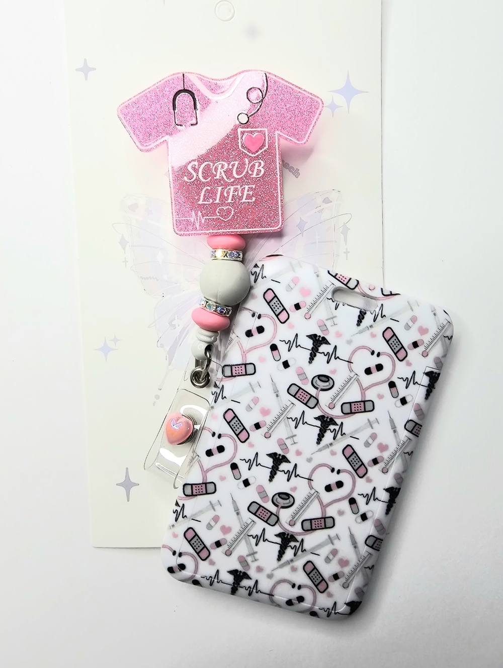 Hand Crafted Pink and White Nurse-Themed Key & Card Holder